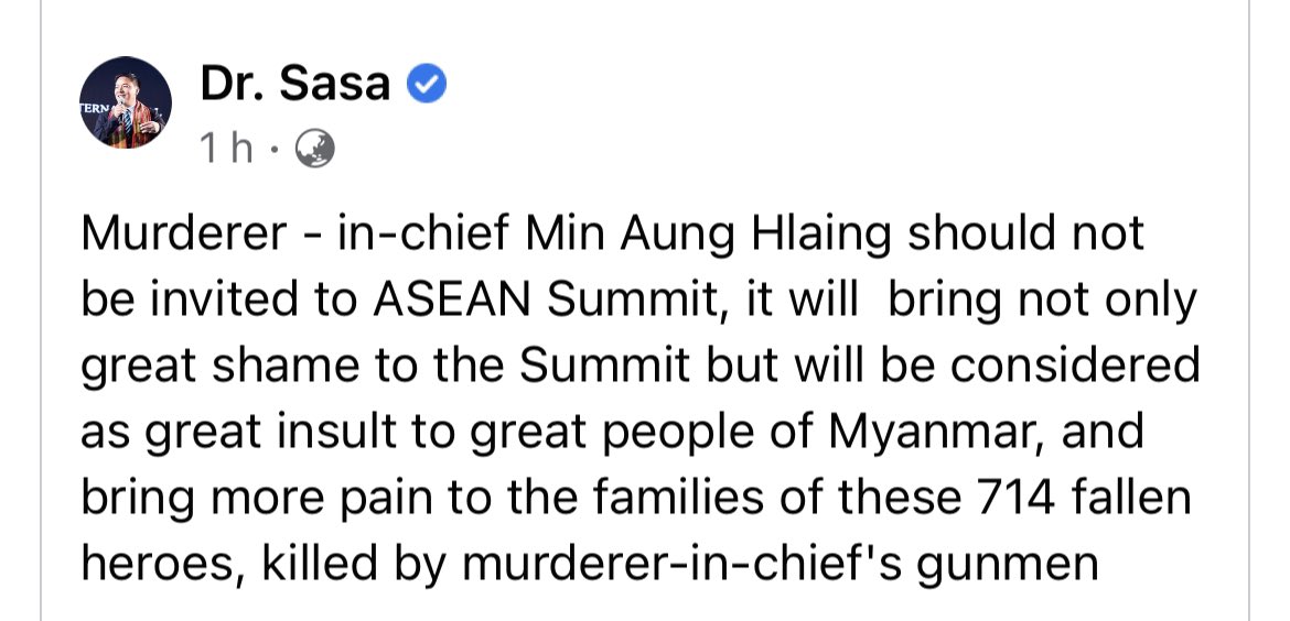 #AseanHeartheVoiceofMyanmarPeople Murderer-in-chief Min Aung Hlaing should not be invited to ASEAN Summit, it will  bring not only great shame to the Summit but will be considered as great insult people of Myanmar, and bring more pain to the families of these 714 fallen heroes.