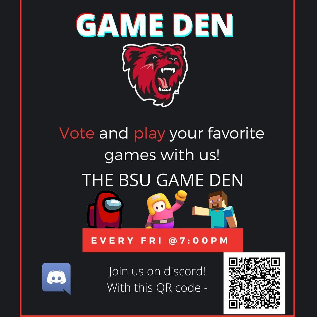 BSUResNet's tweet photo. Tonight at 7PM ResNet will be hosting a game den session in our discord server! You can vote for your favorite games and decide what the games will be for this week! We hope to see you there!! https://t.co/TYXfAa8eLB