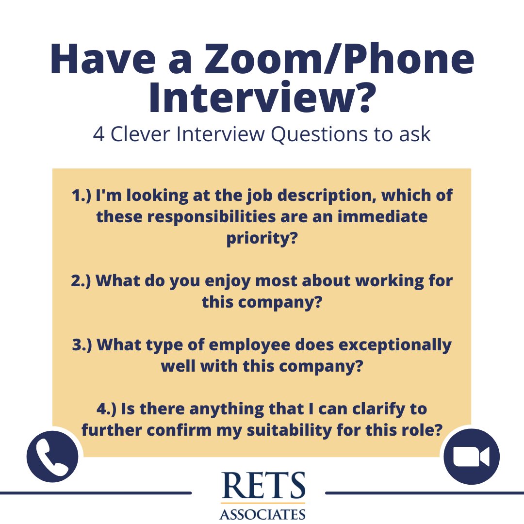 RETSAssociates's tweet image. Online interviews have become our new normal. Here are some ways you can feel at ease when asked if you have any questions at the end of your interview.

#zoominterview #interviewtips #weeklytip #recruiting #hiring #commercialrealestate