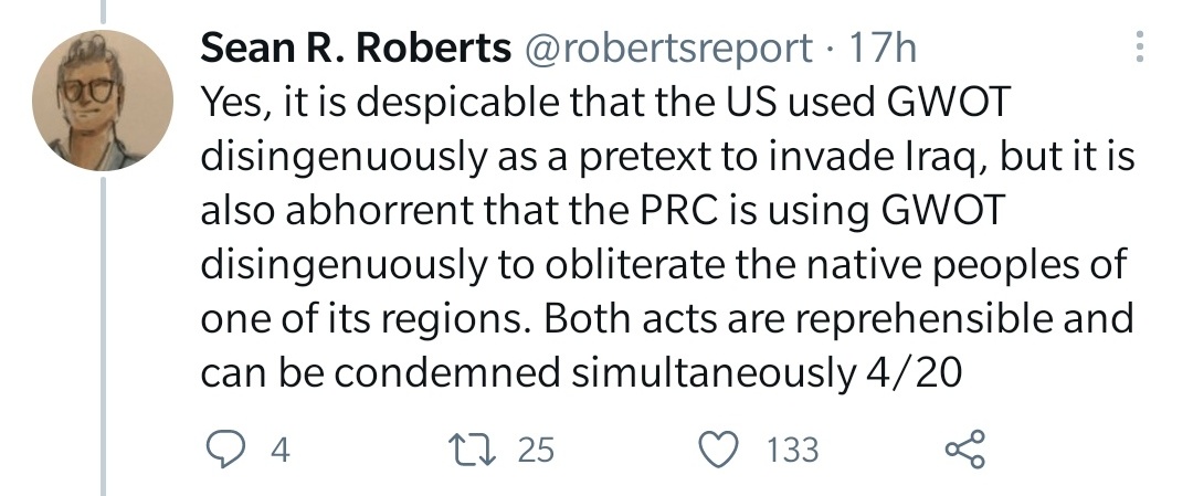 The war on terror started with the invasion of Afghanistan, so it's strange that Roberts compares it here with Iraq. But maybe he's perfectly aware that the "[obliteration of] the native peoples" is the WMD of our time?