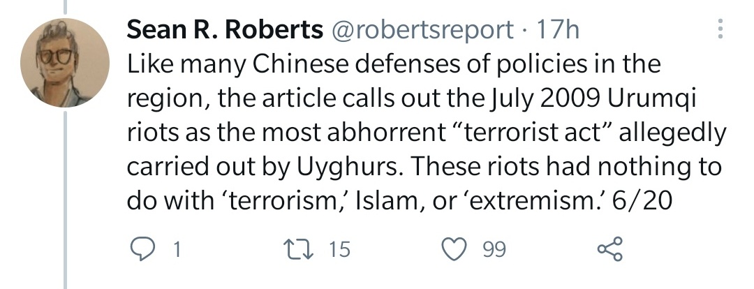 Now Roberts gets outrightly dishonest. One could criticize that the original author Weijian Shan of the  @SCMPNews opinion article subsumed the 2009 riots under a enumeration of terrorist attacks. But judge for yourself whether Roberts' citation here is fair.