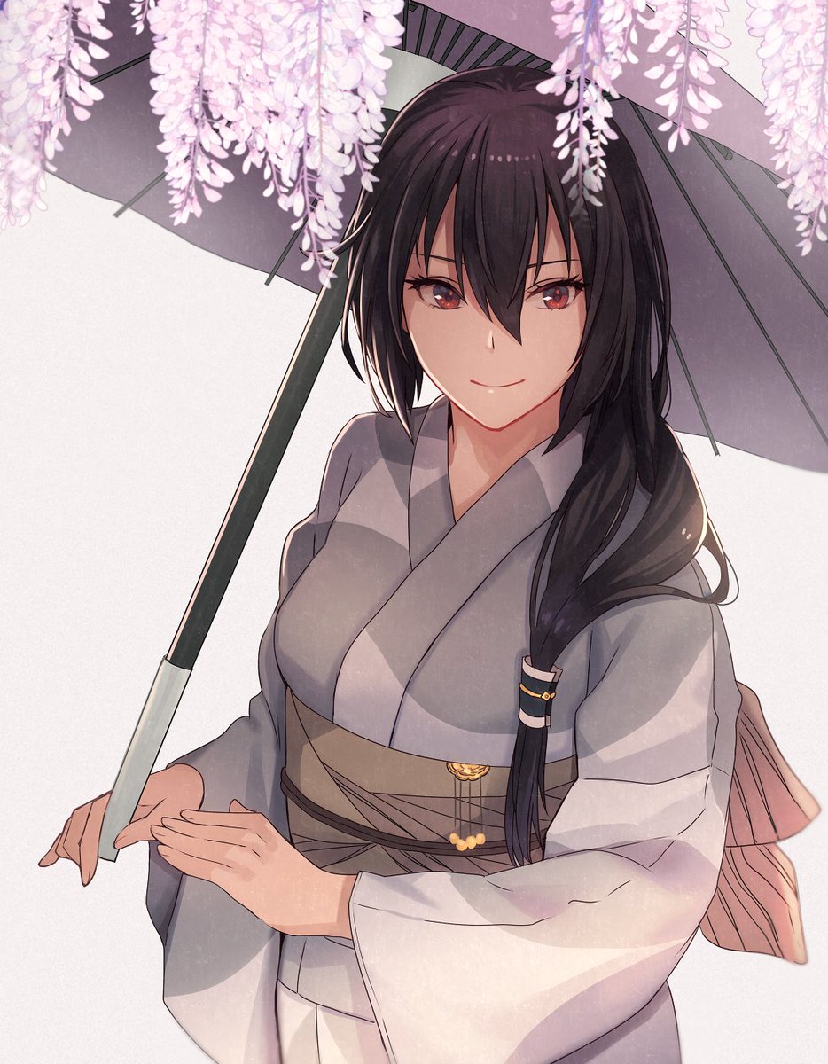 nagato (kancolle) 1girl japanese clothes solo long hair umbrella black hair kimono  illustration images
