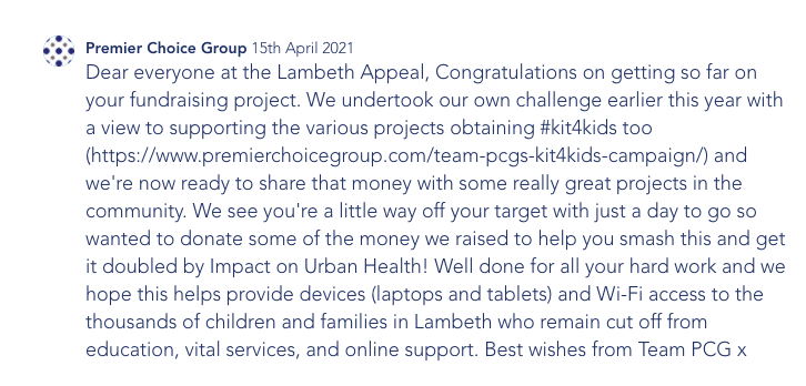 RocketFundUK's tweet photo. The wonderful staff at @PremChoiceGroup recently raised money to help buy more laptops for kids. They did a step challenge, raised over £2,000, then donated it to schools they didn't know via Rocketfund. Here's one of their messages....  👏

#Kit4Kids #DigitalDivide #Heartwarming https://t.co/TZNHBlqHvL