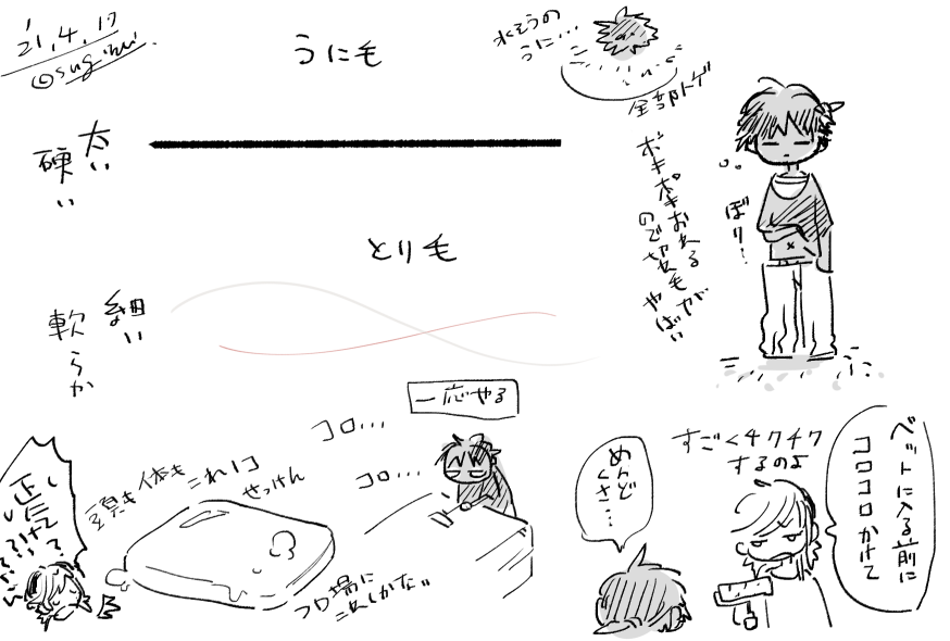 ウニの水槽の底ってめちゃくちゃ棘、落ちてるじゃないですか
それです(くそ汚いらくがき 