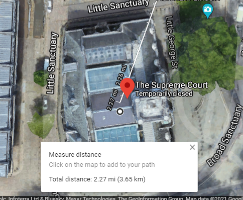 From Claremont Square to the Supreme Court, once again the same thing 2.27 mi or 3.65 km.