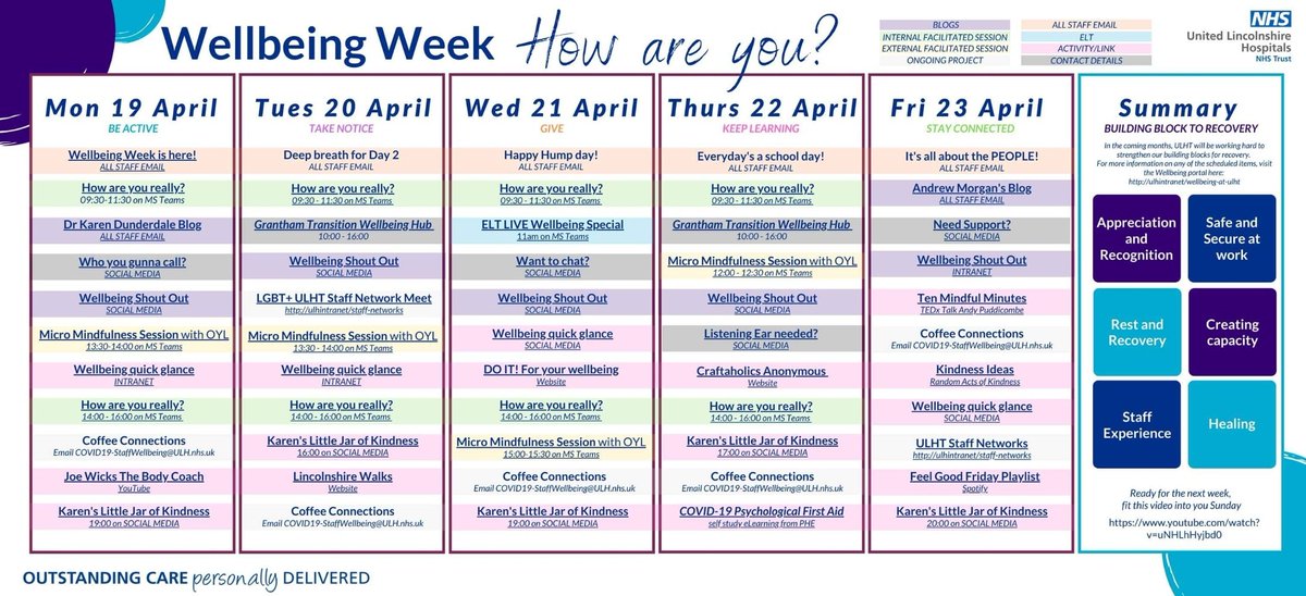 ULHT Staff Wellbeing (@ulhtwellbeing) on Twitter photo Our Wellbeing Week schedule has DROPPED! Are you ready for next week peeps!? Take a look and get in touch if you want any links. Dets are on the intranet, fb & we can WhatsApp them or email them. Can't wait! What are you excited for? <a href="/ULHT_News/">NHS United Lincs</a> #ULHTWellbeingWeek Our Wellbeing Week schedule has DROPPED! Are you ready for next week peeps!? Take a look and get in touch if you want any links. Dets are on the intranet, fb & we can WhatsApp them or email them. Can't wait! What are you excited for? <a href="/ULHT_News/">NHS United Lincs</a> #ULHTWellbeingWeek