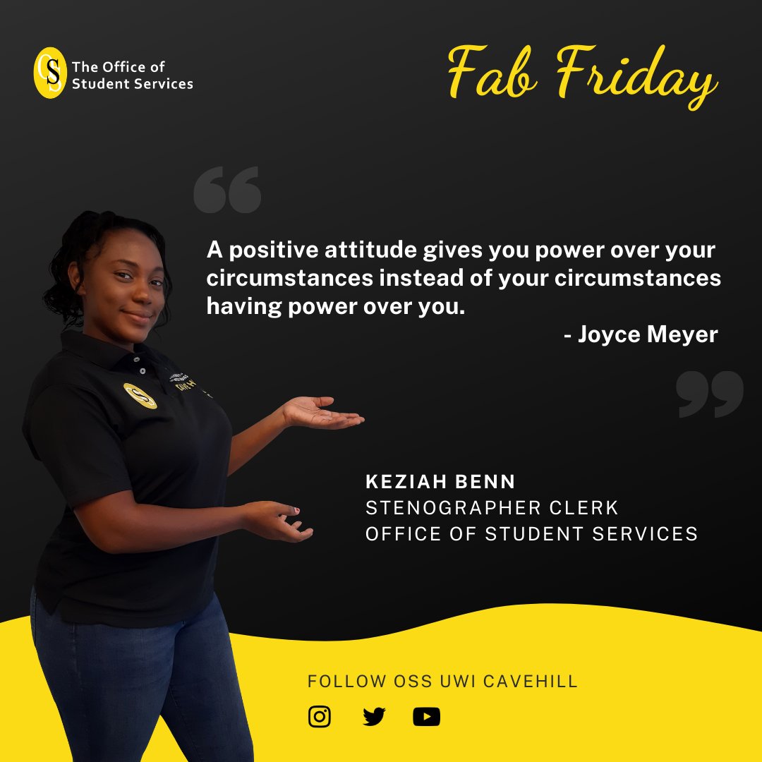 Happy Friday! Today's message is shared from Ms. Benn and it deals with the importance of a positive attitude.

Enjoy the weekend and please continue to be safe!

#UWI #UWICaveHill #OSS