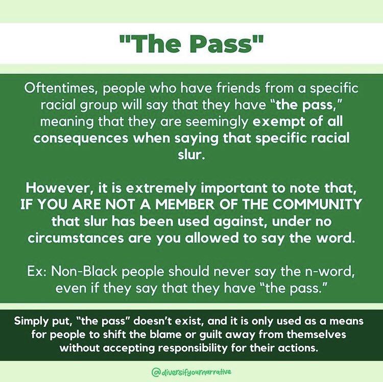 Read through this infographic (from @/diversifyournarrative on IG) to learn why minority communities reclaim racial slurs as a form of self-empowerment &amp; why non-members of those groups should NEVER say the slur.
