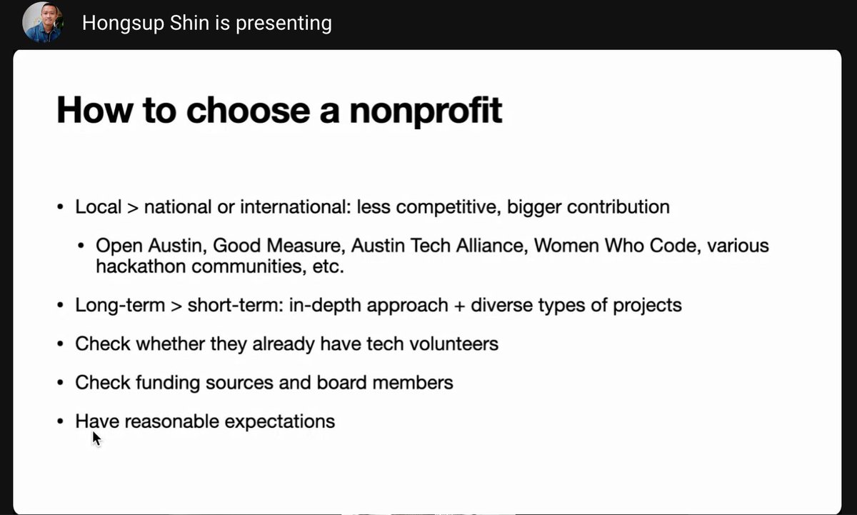 If you're a data scientist looking to volunteer your talents, start local! You'll have a bigger impact, especially if you can stick around for a while. If you're in Austin, be sure to check out <a href="/openaustin/">Open Austin</a> 

- @hongsupshin at #AustinPython