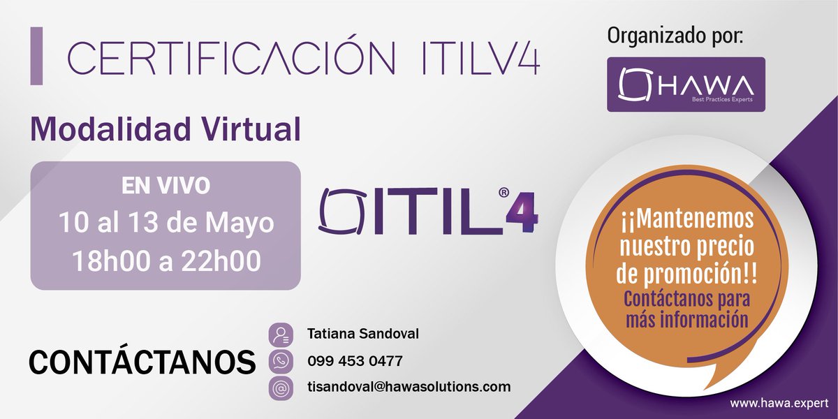 HawaExperts's tweet photo. 🖥 CURSO OFICIAL ITILV4 FUNDAMENTOS!

📆 Del 10 al 13 de Mayo 2021

▶ RESERVA TU CUPO
✉️ tisandoval@hawasolutions.com
📲 0994530477

Mantenemos nuestros precios promocionales ¡Obtén tu #CertificaciónOficial!

#HawaExperts #Certificación #ITIL4 #Capacitación https://t.co/a6xTC7Qi7X