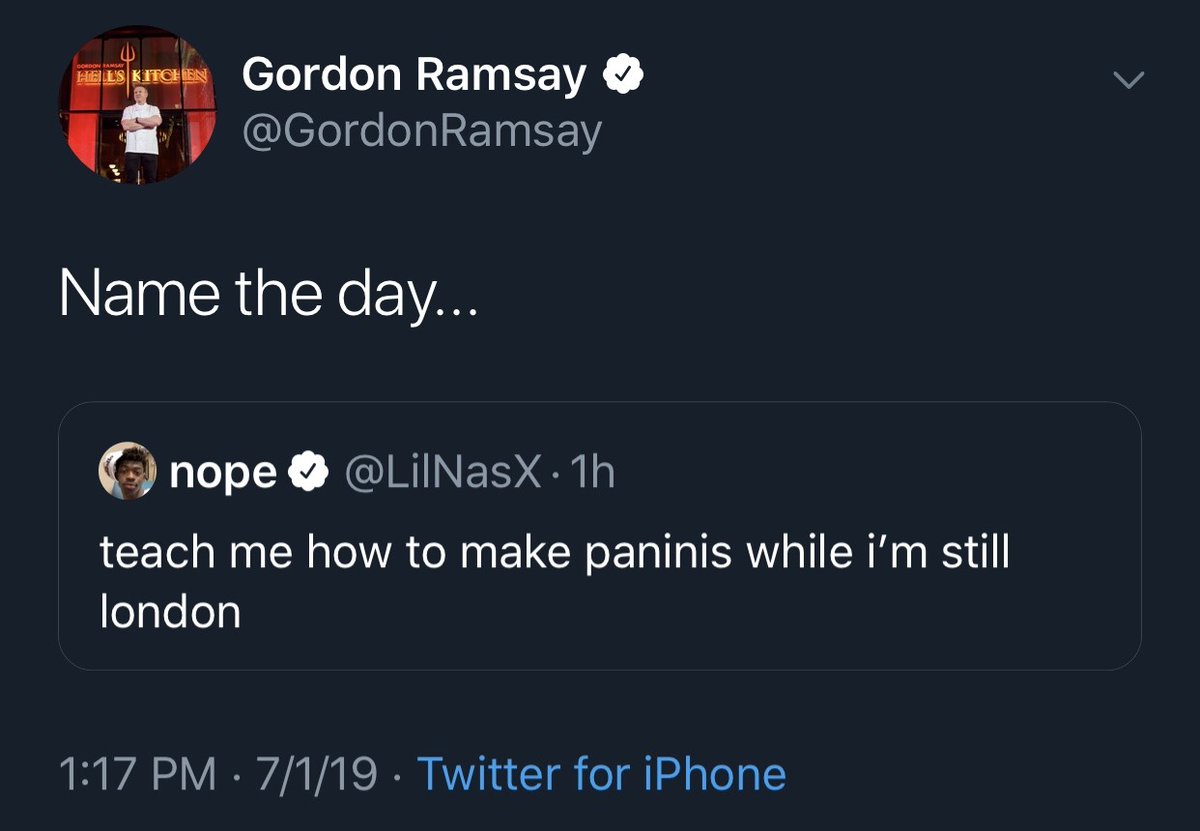 A story in two Tweets. Lil Nas and Gordon Ramsay are both treasures. #GoodVibes #PositiveVibes https://t.co/XafCANYsJA https://t.co/W4rTYVk8mX