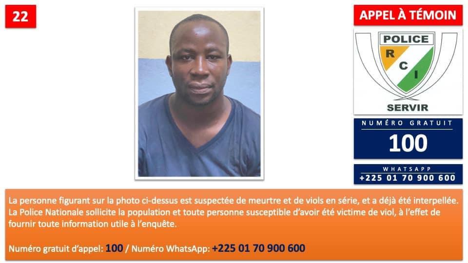 LaLigue225's tweet photo. Appel à témoin de la @PoliceNtleCi

La personne figurant sur la photo ci-dessus est suspectée de meurtre et de viols en série, et a déjà été interpellée.  
Numéro gratuit d’appel: 100
Numéro WhatsApp: +225 01 70 900 600 https://t.co/7DehkxegxI