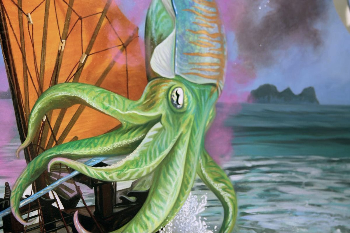 coreyhelford's tweet photo. A closer look at #ReddWalitzki’s painting entitled "Between the Devil and the Deep Blue Sea" 🦑 

On view now in our gallery 2 space.

https://t.co/6RUImuOGwm https://t.co/qSdOq0IYu1