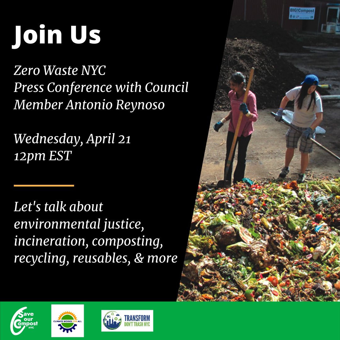 Next Wednesday at noon: We're co-organizing a press conference w/ NYC Council Sanitation Chair @CMReynoso34, @SaveNYCCompost, @donttrashnyc, & @NYClimateWorks on City progress toward Zero Waste by 2030, right before a Council Hearing at 1pm. Register here! us02web.zoom.us/webinar/regist…