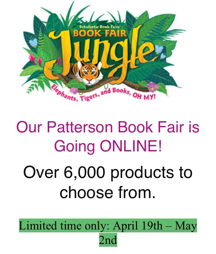 Exciting news!! Starting Monday, the Patterson book fair is LIVE! Shop all the amazing books at our book fair, virtually, by visiting our Book Fair homepage April 19th-May 2nd to get started:

scholastic.com/bf/pattersonro…