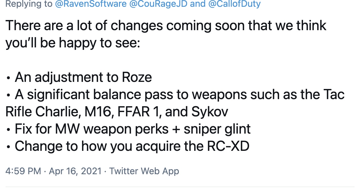 NEW: Raven has revealed some upcoming Warzone changes.

Changes to Rose Skin. 
New Weapon balance. 

+ more.