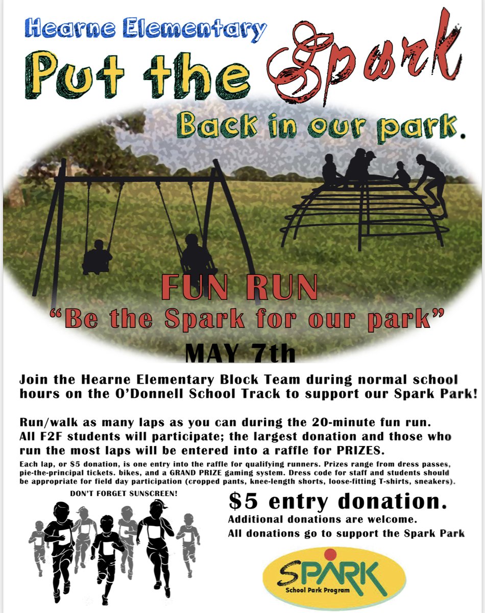 We need YOU to be the SPARK ⚡️ for our park. Start bringing in your donations of any denomination. Bring in $5 or more and participate in the FUN RUN 🏃🏾‍♀️ on May 7th. RUN🏃‍♂️ for Fun, Run 🏃 for Prizes, Run 🏃🏾‍♀️ 🏃🏃‍♂️for your Community!!!