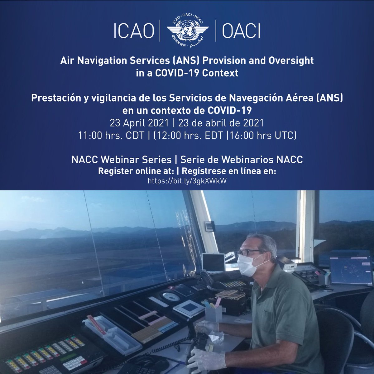 Le invitamos al webinario sobre prestación y vigilancia de los Servicios ANS en un contexto de COVID-19. Se llevará a cabo el 23 de abril a las 12:00 m EDT (1600 UTC), la @icaonacc está llevando a cabo este evento con @FAANews Regístrese en: bit.ly/3gkXWkW