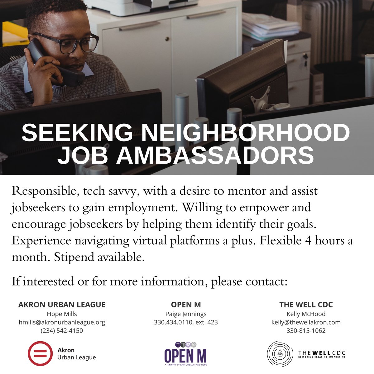 thewellakron's tweet image. We are partnering with @AkronUL and @OPENMministry to recruit individuals to act as mentors in helping jobseekers connect to employment. Connect with us if you are interested in learning more!
 
#TheWellAkron #Middlebury #CreatingEconomy #SupportingPlace