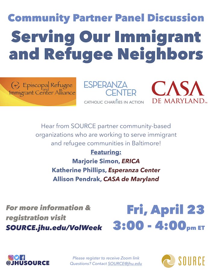 JHU SOURCE (@jhusource) on Twitter photo Join us next Friday, Apr 23 at 3pm for a Community Partner Panel on "Serving Our Immigrant and Refugee Neighbors" - Featuring speakers from <a href="/BaltimoreERICA/">ERICA Baltimore</a>, <a href="/EsperanzaCC_MD/">Esperanza Center</a> & <a href="/CASAforall/">CASA</a>! Register today at SOURCE.jhu.edu/VolWeek!
<a href="/JohnsHopkinsSPH/">Johns Hopkins Bloomberg School of Public Health</a> <a href="/JHUNursing/">Hopkins Nursing</a> <a href="/HopkinsMedicine/">Johns Hopkins Medicine</a> Join us next Friday, Apr 23 at 3pm for a Community Partner Panel on "Serving Our Immigrant and Refugee Neighbors" - Featuring speakers from <a href="/BaltimoreERICA/">ERICA Baltimore</a>, <a href="/EsperanzaCC_MD/">Esperanza Center</a> & <a href="/CASAforall/">CASA</a>! Register today at SOURCE.jhu.edu/VolWeek!
<a href="/JohnsHopkinsSPH/">Johns Hopkins Bloomberg School of Public Health</a> <a href="/JHUNursing/">Hopkins Nursing</a> <a href="/HopkinsMedicine/">Johns Hopkins Medicine</a>