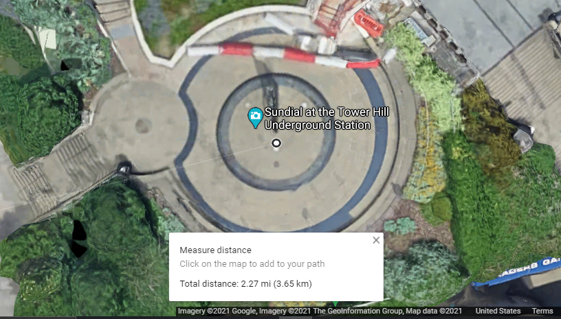 & then I showed from that same location he found,again 2.27 mi 3.65 km (or 3.66 km) to "Sundial at the Tower Hill Underground Station"