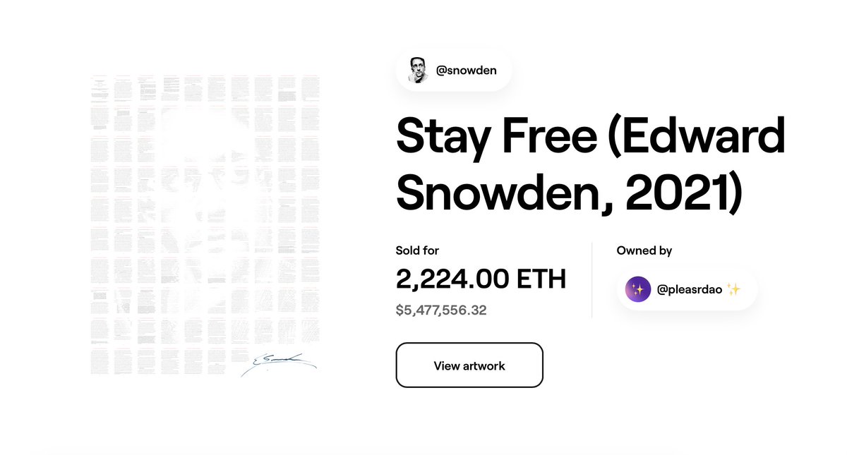 That's incredible! Congratulations <a href="/Snowden/">Edward Snowden</a> and <a href="/pleasrdao/">Pleasr</a> for making history ❤️

#NFTCommunity #NFTartist #NFT #NFTs @withFND