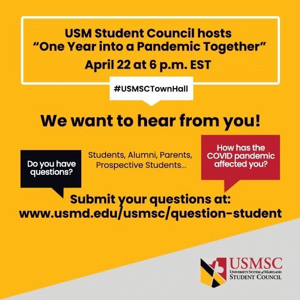 AshleyEsposito_'s tweet photo. Join @USM_SC #LIVE on April 22nd at 6pm EDT for One Year into a Pandemic Together: A #TownHall with Students hosted by the USM Student Council. #USMSC #lifeafterthepandemic #USM #USMSCTownHall https://t.co/4jZIRmq0Fl