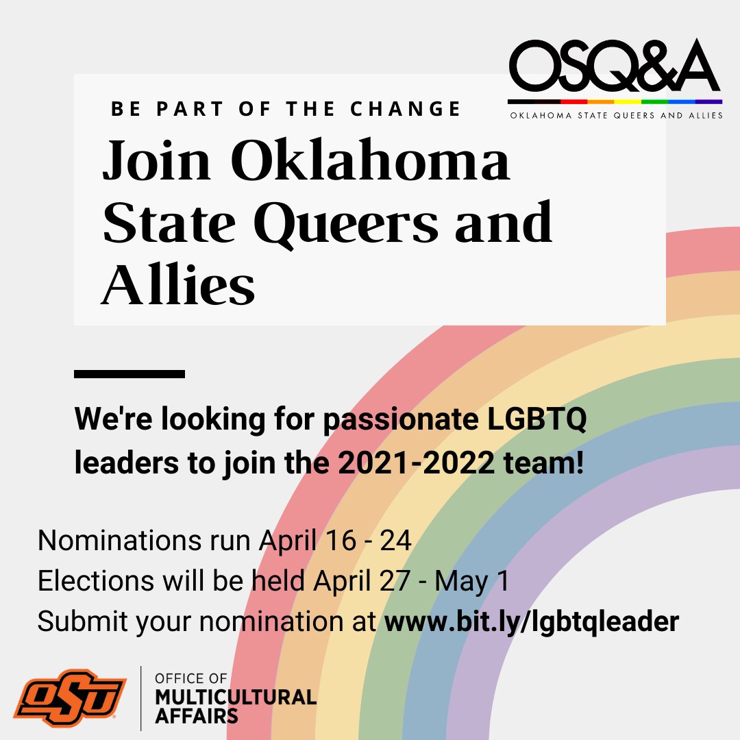 Are you a passionate LGBTQ student? Do you want to be part of changing campus culture for the better? Join us! Nominations can be submitted at bit.ly/lgbtqleader #okstate #diversityokstate #omaokstate #okstateoma #okstatediversity #prideokstate #okstatepride