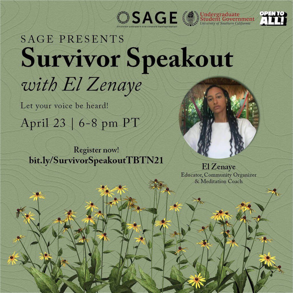 sageusc's tweet photo. SAGE presents Survivor Speakout

Survivor Speakout is dedicated to creating a space of healing for survivors of gender and power-based harm. Share your experience and commemorate those who have been silenced.

Friday, 04/23, 6-8pm PT

REGISTER: https://t.co/BKxHj0Cp38 https://t.co/Ai3OQRDAzL