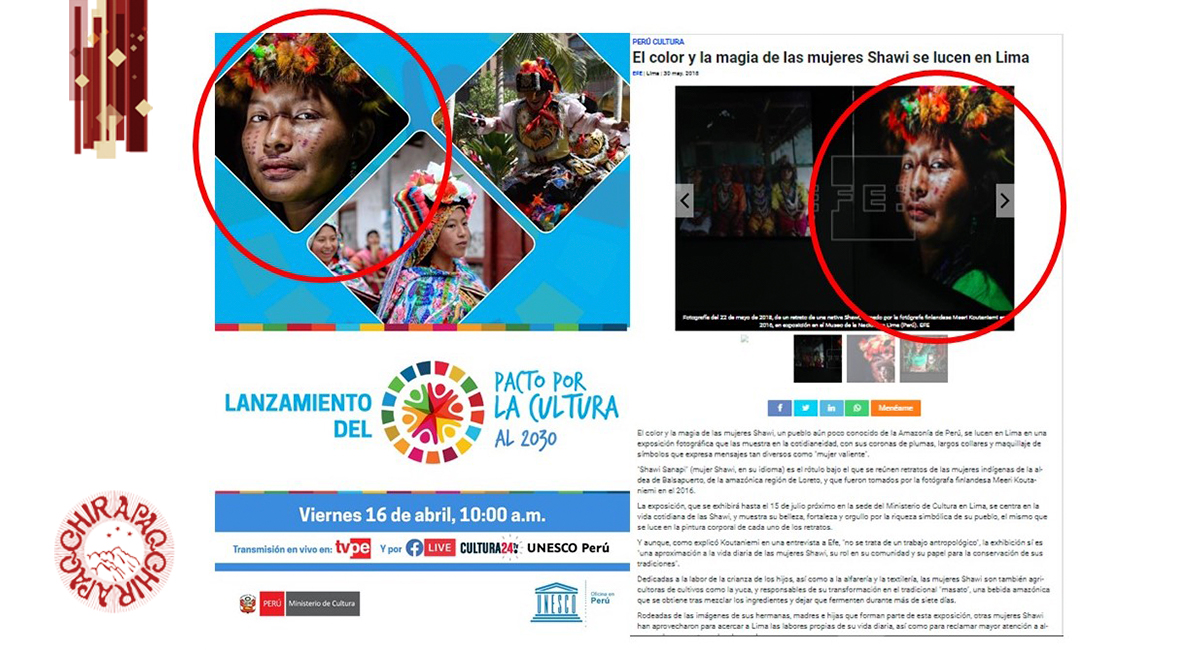chirapaqoficial's tweet photo. Si bien felicitamos la suscripción del #PactoPorLaCultura hacemos notar que la foto superior izquierda es propiedad de Meeri Koutaniemi y parte de la muestra #ShawiSanapi. Su uso debe tener autorización @UnescoPeru @MinCulturaPe
Más sobre esta muestra👉https://t.co/4VV8z12MIl https://t.co/gRPlMrnUKK
