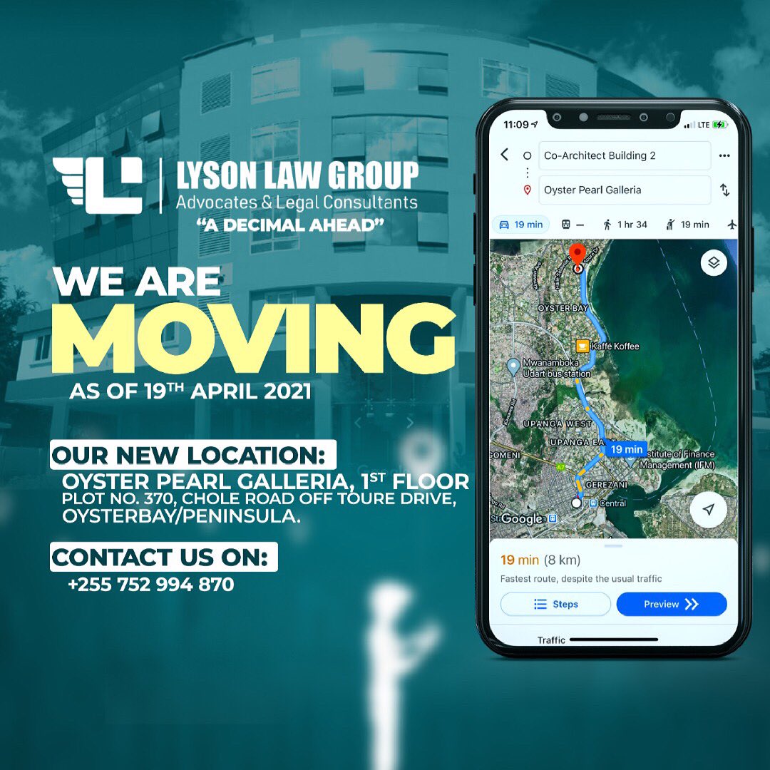 laumasha's tweet photo. As of Monday the 19th of April, I shall be returning to the full time practice of Law as Chairman of the Lyson Law Group. This coincides with the Firm’s move to the 1st floor of the Oyster Pearl Plaza, in Oysterbay, Dar es Salaam. It’s nice to be back in practice! https://t.co/o7NVw5AdWm