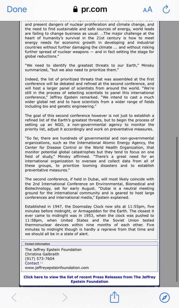 Wouldn’t people like to know that Epstein held a  #Doomsday conference on his Island, with scientists from MIT, Harvard, and more? Was their determination that the earth was overpopulated and they needed to act on it? Say...like...with a virus? https://www.pr.com/press-release/403599