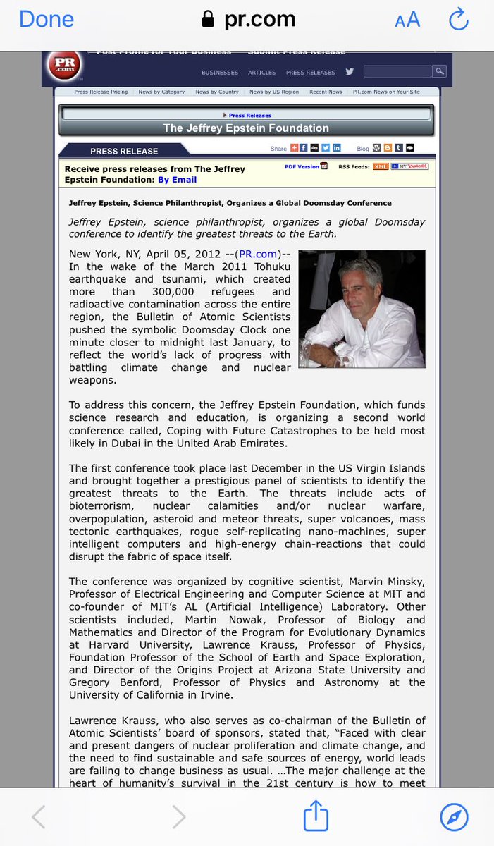 Wouldn’t people like to know that Epstein held a  #Doomsday conference on his Island, with scientists from MIT, Harvard, and more? Was their determination that the earth was overpopulated and they needed to act on it? Say...like...with a virus? https://www.pr.com/press-release/403599