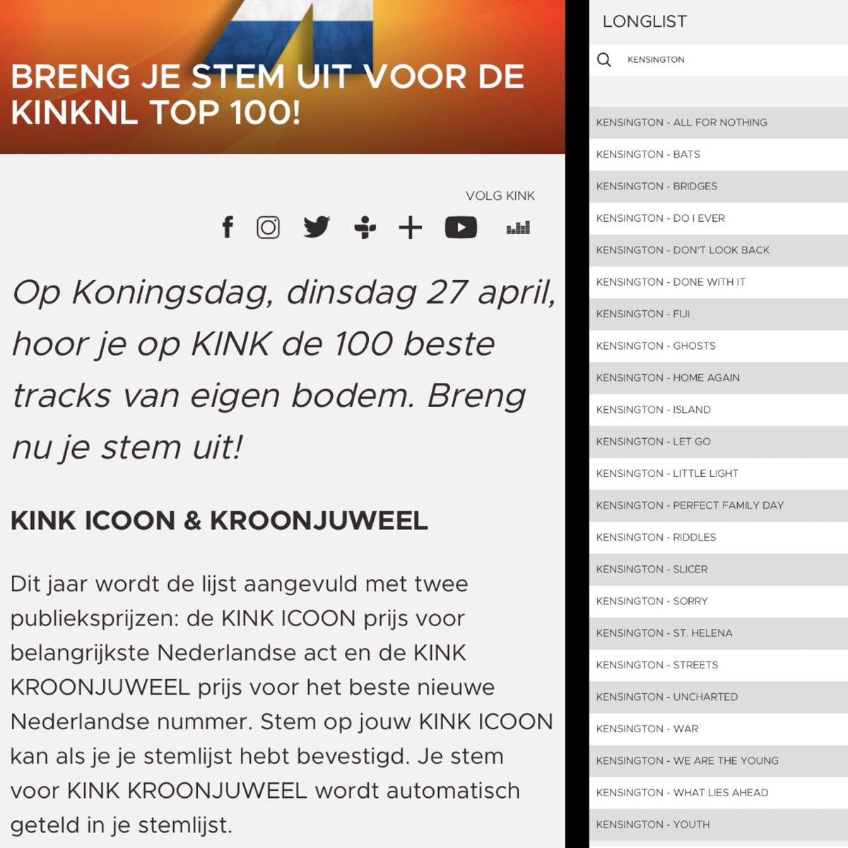Fansingtons's tweet photo. Bored? Here’s an idea: Maak dit weekend een lijstje voor de KINKNL Top 100. Onze suggesties...

(maar je kan zelf ook nummers toevoegen) 😉 

https://t.co/LZFqiJ0uFs https://t.co/a0iJIOgbqI