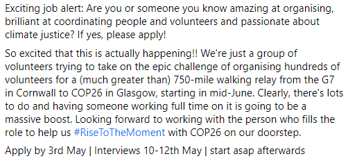 Joshpaulevans's tweet photo. Exciting job alert: Could you or someone you know help us at @YCCNetwork  to coordinate hundreds of volunteers for the (much greater than) 750-mile walking relay from the G7 in Cornwall to COP26 in Glasgow? 

Full time | 6 months

Thanks, @christian_aid!

https://t.co/kORRXw9BVz https://t.co/GmaUTuUhv0