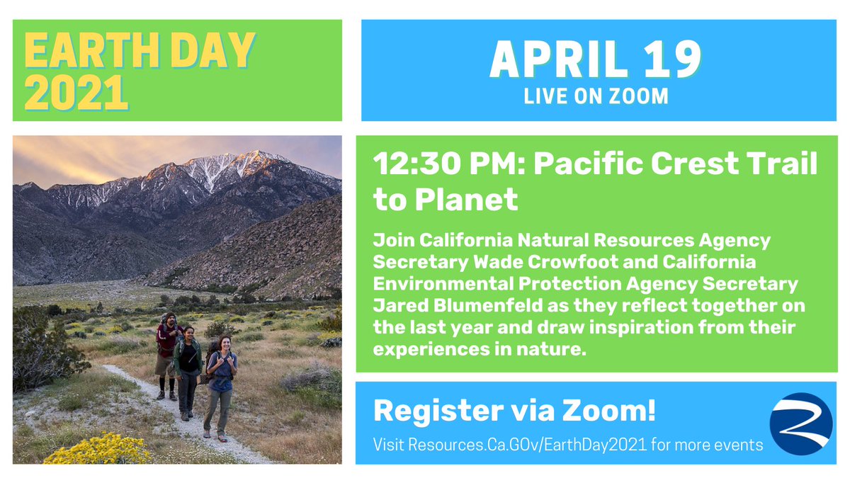 This coming Monday, we will kick off a week of events celebrating #EarthDay2021 with a special conversation between Secretary @WadeCrowfoot and @CaliforniaEPA Secretary Jared Blumenfeld. Register today! 🎦https://t.co/n7XnUAzQA5 https://t.co/9Yg4QhhHNZ