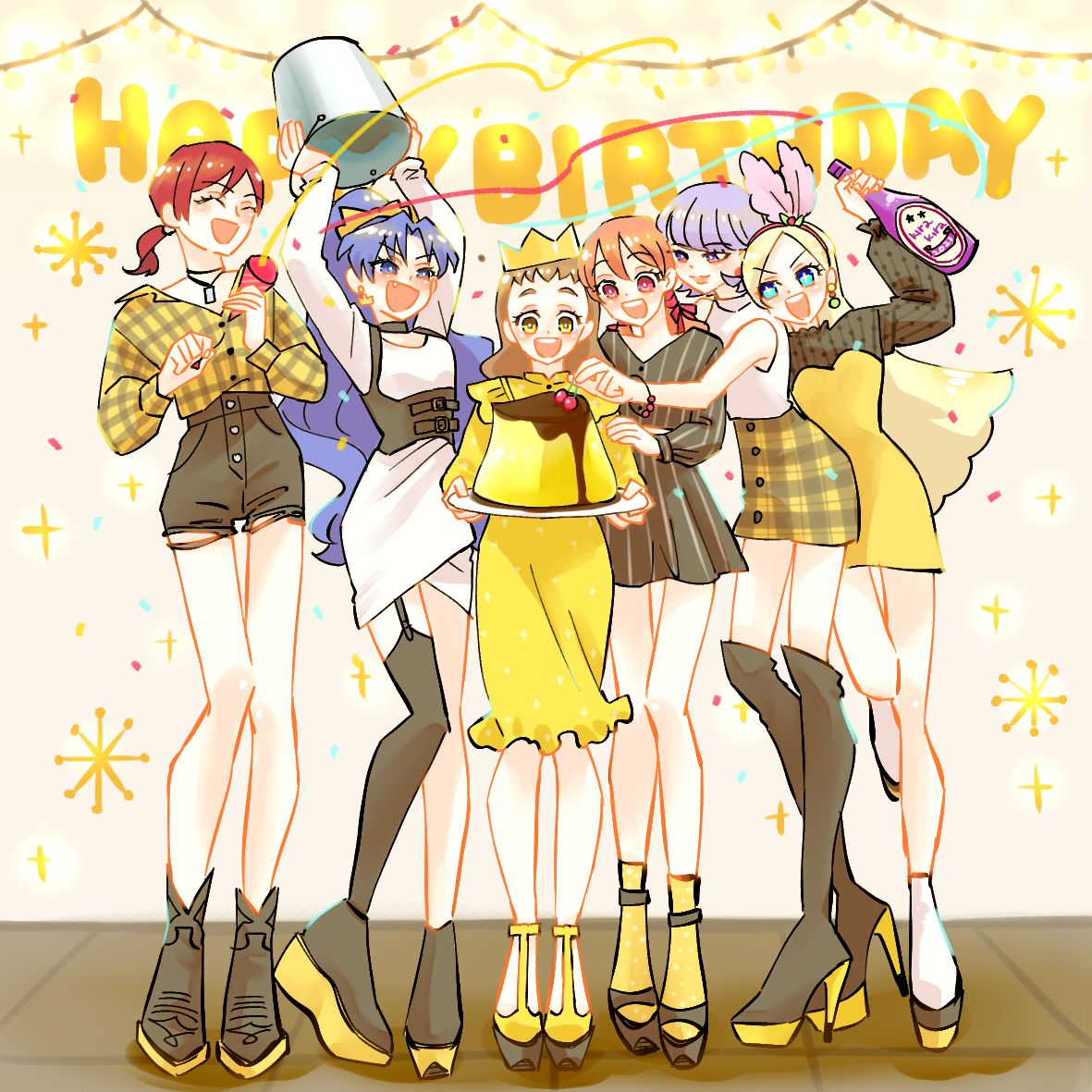 multiple girls dress purple hair yellow dress blonde hair red hair long hair  illustration images