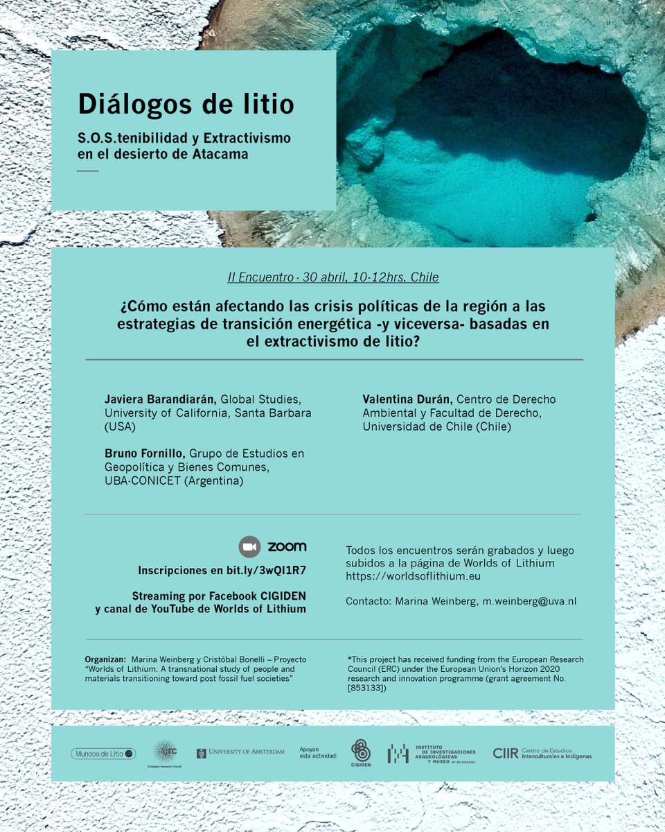 MarinaWeinber14's tweet image. Segundo Encuentro Diálogos de #litio: S.O.S.tenibilidad y #Extractivismo en el desierto de #Atacama 

30 de Abril a las 10 horas Chile!!

Ya está abierta la inscripción por Zoom!! 🥳 🏜️🌎🙌

Inscríbete:  bit.ly/3wQI1R7
Ver programa completo: bit.ly/programa_wol