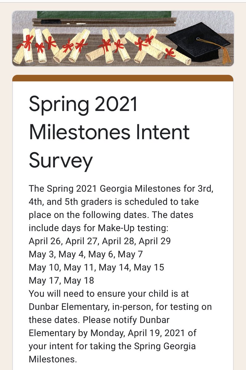 ATTENTION 3rd-5th Grade Parents!! Please inform <a href="/APSDunbar_elem/">Dunbar</a> of your intent for the Spring 2021 Milestones. Complete the survey below...⬇️⬇️⬇️
forms.gle/dxzizcajJyKSau…