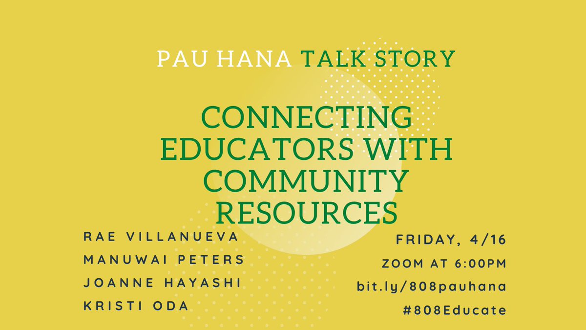 #808educate pau hana today! Educators from all islands are connecting and exploring community partnerships! bit.ly/808pauhana I'll be there to join the moderators from our April Twitter Chat &amp; independent/HIDOE/public charter teachers.