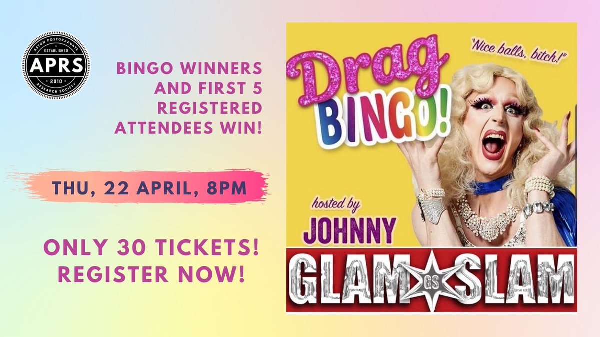 Join us for a night of #DragQueenBingo fun on 22 April at 8 PM UK time! 🏳️‍🌈✨💖

Only 30 slots available, so get your ticket now! 🤩
You get 1 bingo card and we will play 3 rounds. Winners get £20!

Get your ticket here: astonsu.com/events/7612/13…

APRS members only.