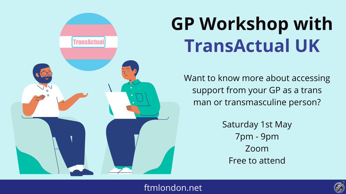 Want to know more about accessing support from your GP as a trans man or transmasculine person? 🧑🏾‍⚕️🩺 

On Saturday 1st May, 7pm – 9pm, we’ll be hosting <a href="/TransActualUK/">Trans Actual</a> for a free informative workshop about accessing support from your GP!