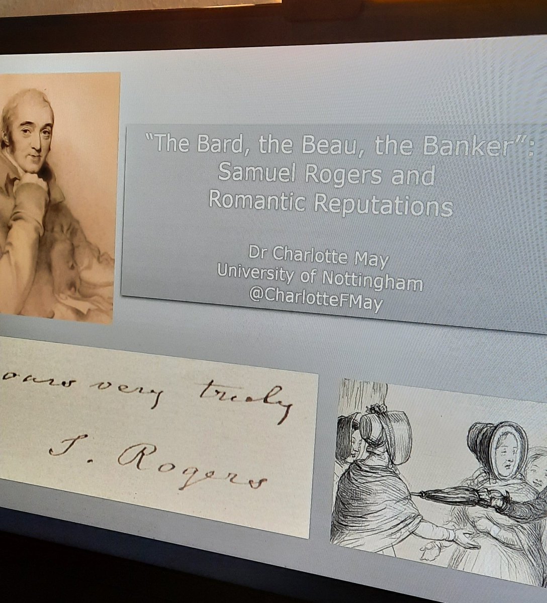 SophiaMoellers's tweet image. Currently listening to @CharlotteFMay's keynote on #SamuelRogers as concluding highlight for the amazing @RomReps Symposium! Loved how she opened with musings on us as researchers acquiring a certain reputation based on people/themes we work on 🔥📚