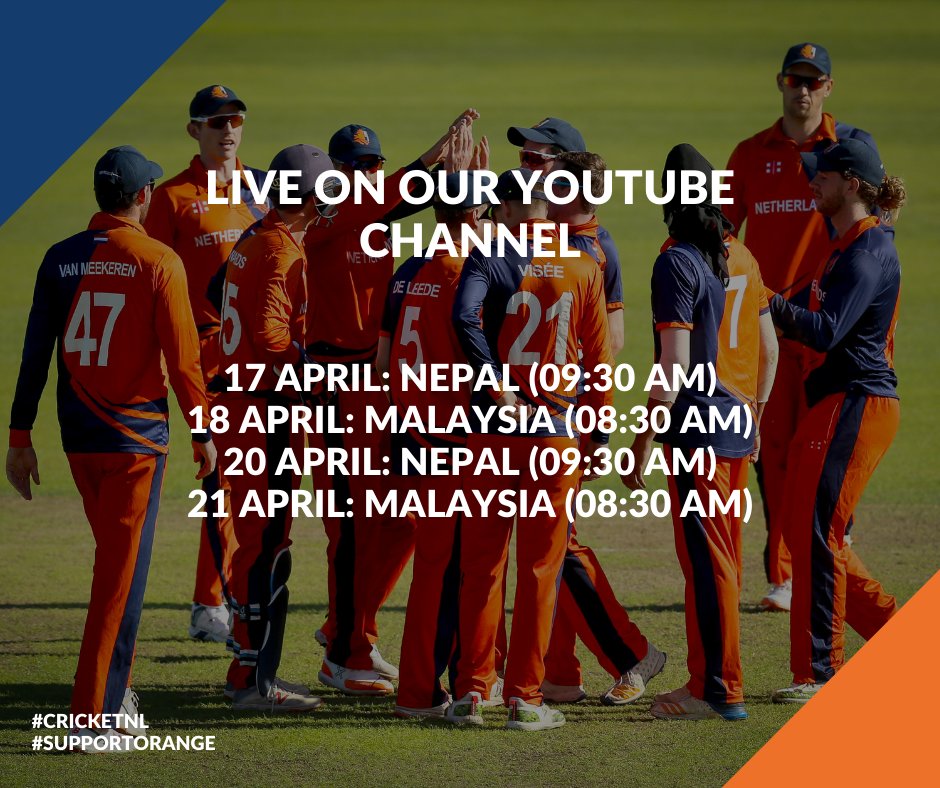 📺 You can watch all “Oranje” games of the Tri-Nations Series live on our YouTube Channel! 
Don’t miss the action and subscribe now 👉 youtube.com/user/CricketNe…

We start tomorrow at 9:30 am (🇳🇱 time) against Nepal.

#CricketNL #SupportOrange #TeamNL #TriNationCricket