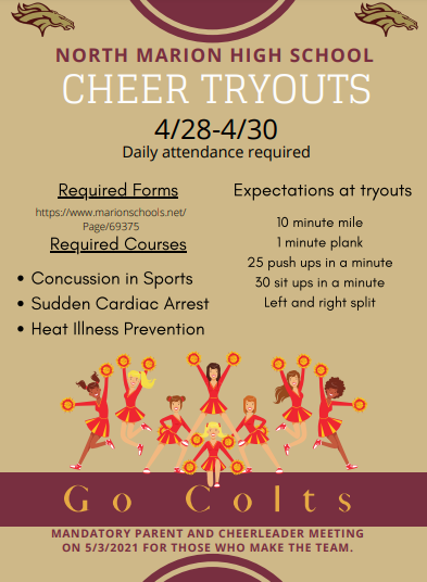 Cheerleading tryouts for the 2021-2022 season are right around the corner! Click the attached image to see all of the information about tryouts. See Mrs. Brogan or Mrs. Roberts if you have any questions.