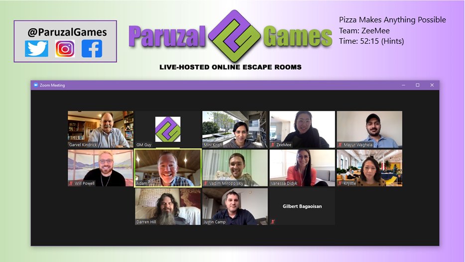 ParuzalGames's tweet photo. Shout out to Team ZeeMee for opening the pizza shop with nearly 8 minutes to spare!
#QuarantineGames #EscapeRoom #EscapeGame #FamilyFun #TeamWorkFromHome #PlayAtHome #RemoteDateNight #DifferentEntertainment #SocialDistancing #ParuzalGames https://t.co/iDrctVcGVG