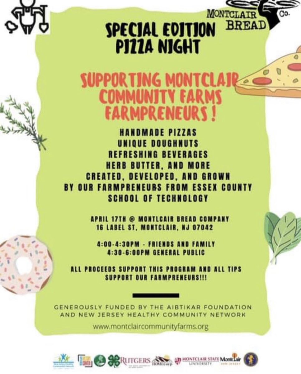 Saturday, 4/17 is the day!  Come see Essex Tech culinary and agricultural science students in action <a href="/MontclairBread/">MontclairBreadCo</a> . Thank you #montclaircommunityfarms for this wonderful work-based learning opportunity for our students 🍕🥖🪴🍩🍵👩🏽‍🍳@MBenderNJDOE <a href="/NewJerseyDOE/">New Jersey Department of Education</a> <a href="/Joe_D_EssexExec/">Joseph N. DiVincenzo, Jr.</a>