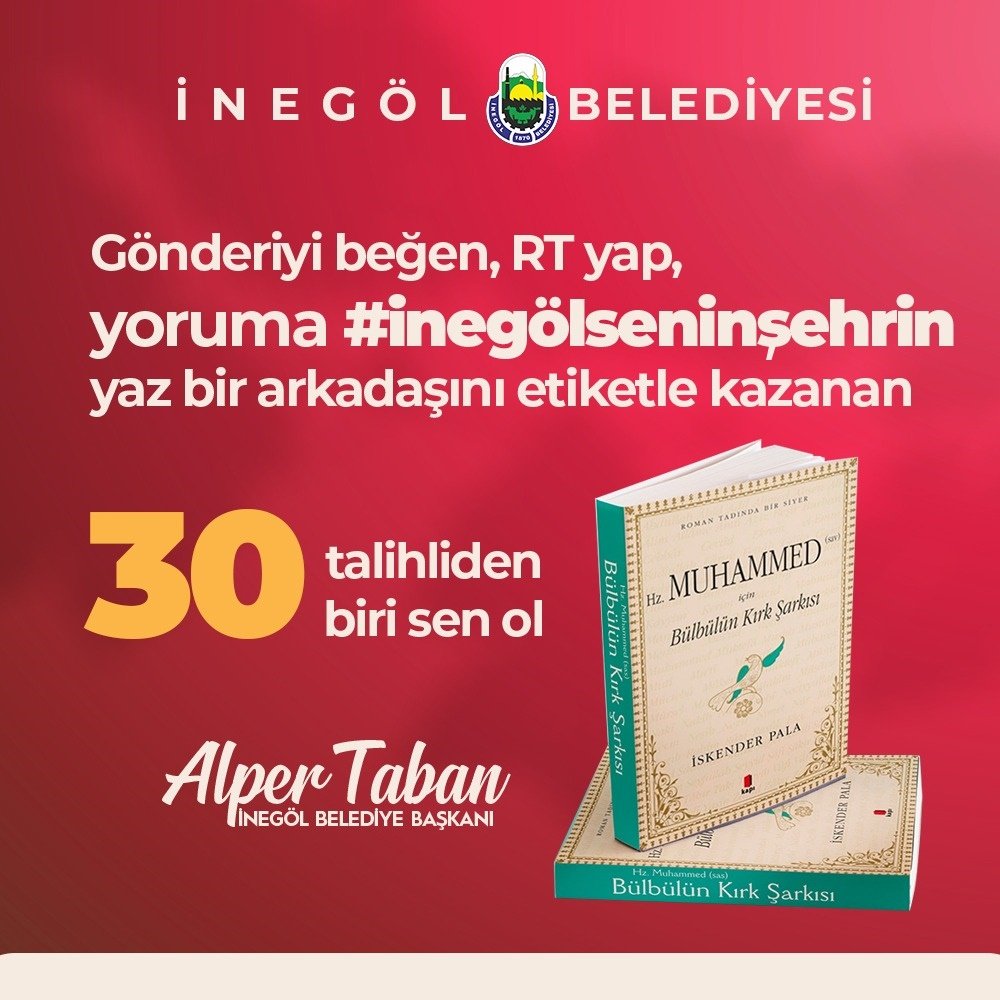 Gönüllere şifa bir hayat hikayesi... Hz Muhammed...
İskender Pala'nın kaleminden "Bülbülün Kırk Şarkısı "kitabı sizlerle.
Çekiliş pazar akşamı 21:00'de sonlanacak. Kazananlar pazartesi açıklanacaktır.
#İnegölSeninŞehrin