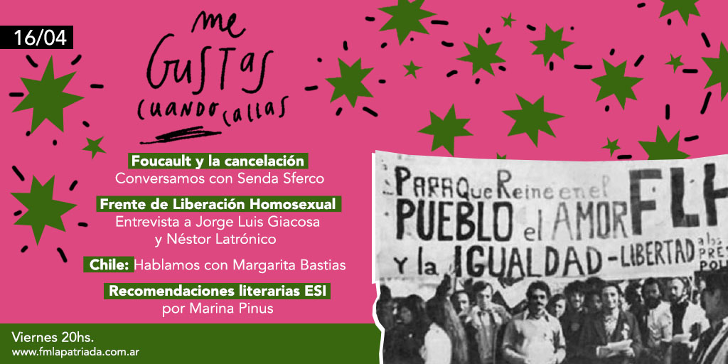 🔥 ESTA NOCHE 🔥

⭕️ #Foucault y la cancelación:
      hablamos con Senda Sferco (<a href="/SendaSferco/">Senda Sferco</a>)
⭕️ Frente de Liberación Homosexual:
      entrevista a Luis Giacosa y Néstor Latrónico
⭕️ Panorama de #Chile por <a href="/margabastias/">Margarita Bastías</a> 
⭕️ Recomendaciones literarias: #esi Por Marina Pinus