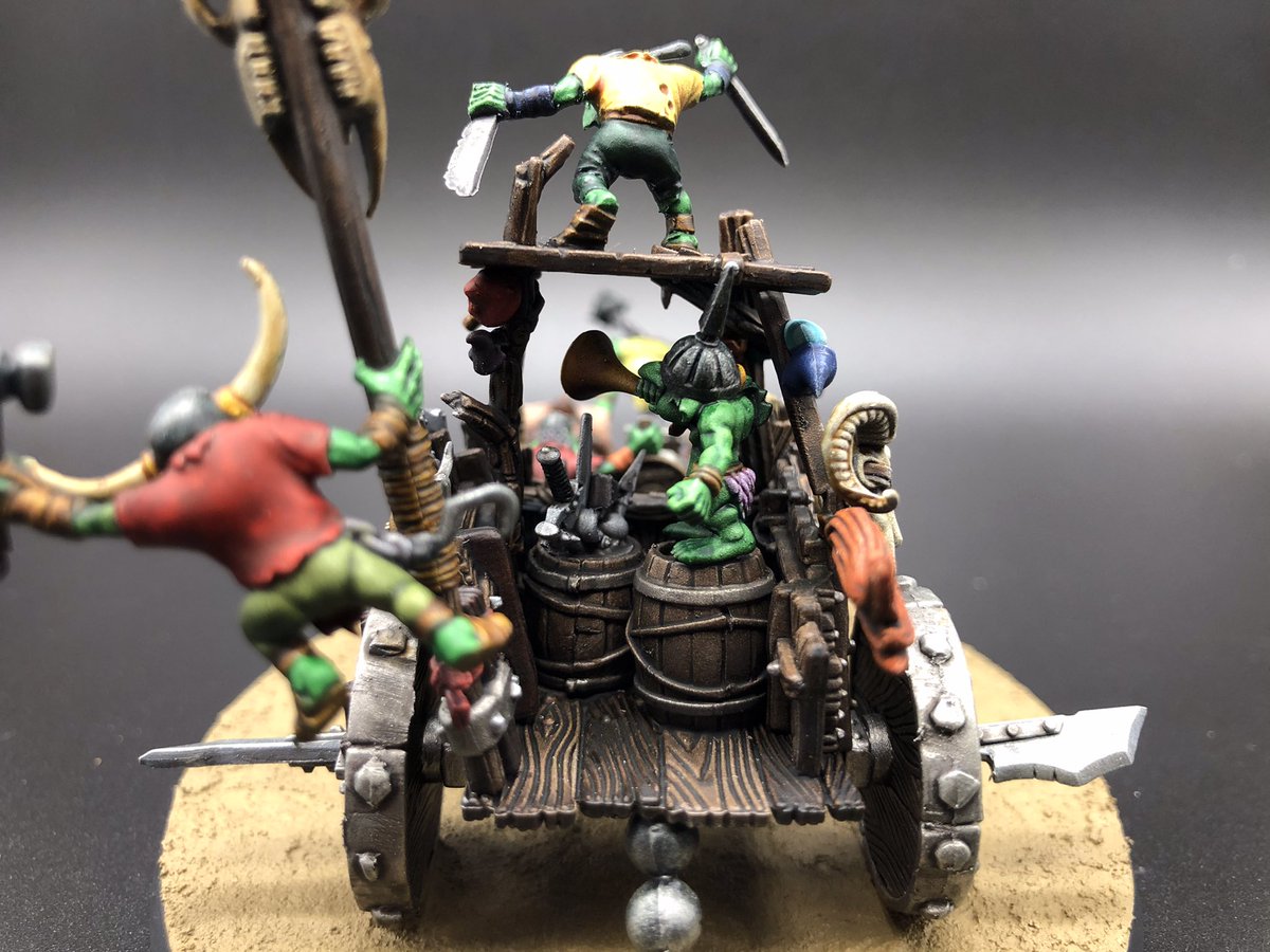 MiraWoofWoof's tweet photo. The Gnoblars Are Going To WAR! WWAAAAAAAGGGGGGHHHH!!!!  This is the results of my conversion entry for my local Warhammer Store Anniversary contest This was soo much fun! Parts from seven kits in all used to create this war machine haha! #WarhammerCommunity #PaintingWarhammer https://t.co/1p6AcWRcuw